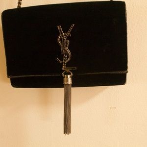 Saint Laurent Velvet Crystal Monogram Kate Tassel Chain Wallet